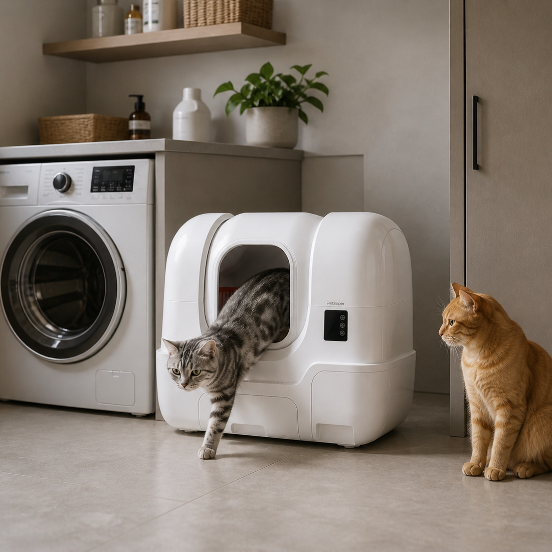arenero pro en lavadero y 2 gatos